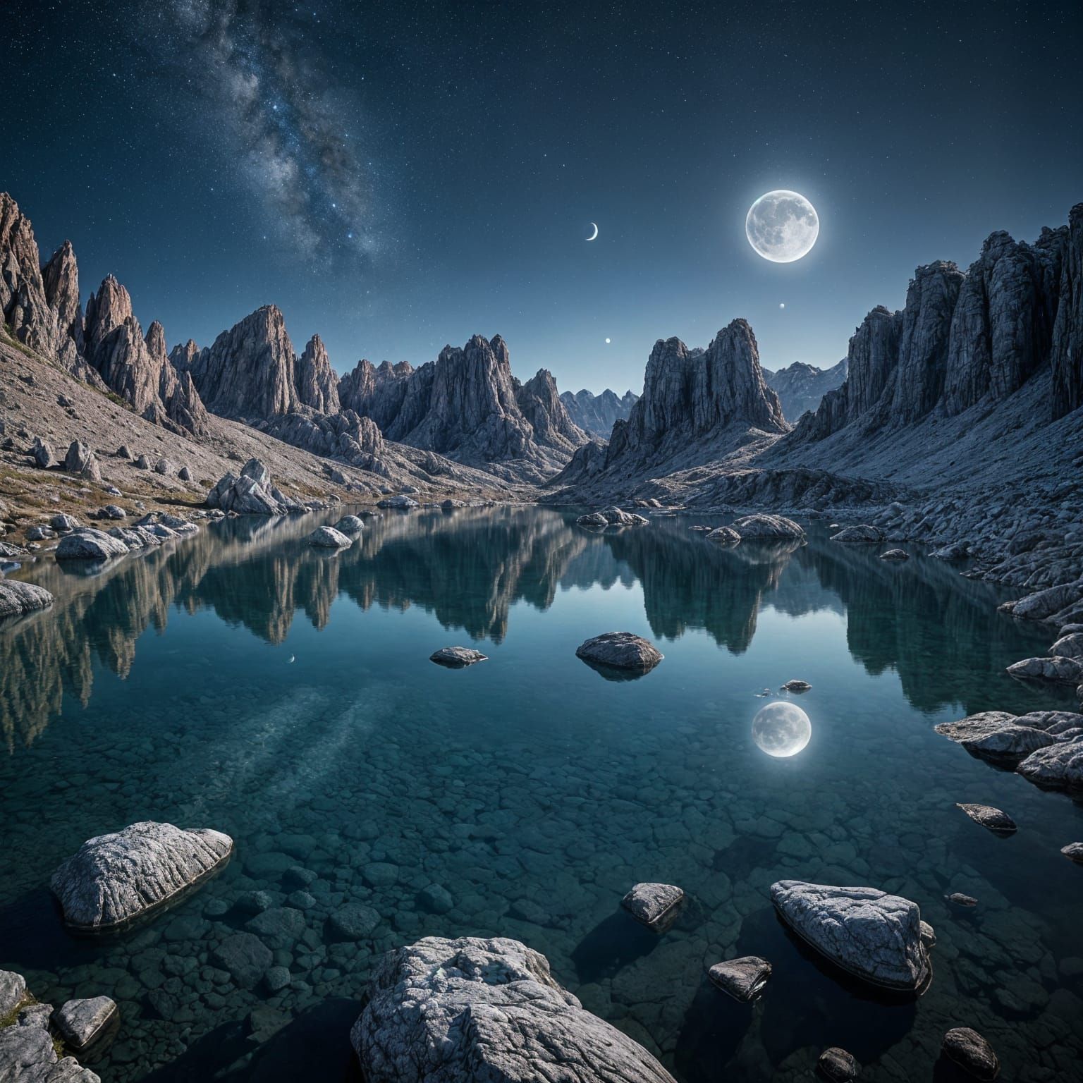Ethereal Moonscape Reflected in Tranquil Lake