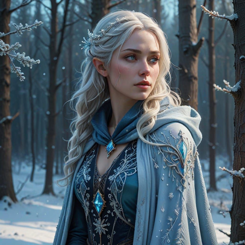 Ethereal Winter Elf Maiden in Frosty Attire