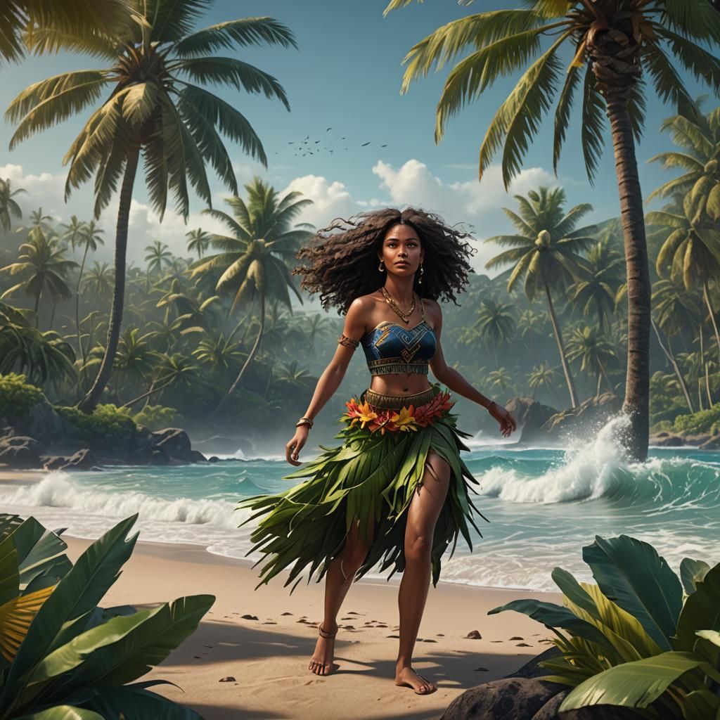 Surreal Tropical Goddess Among Palm Trees and Winding Ocean...