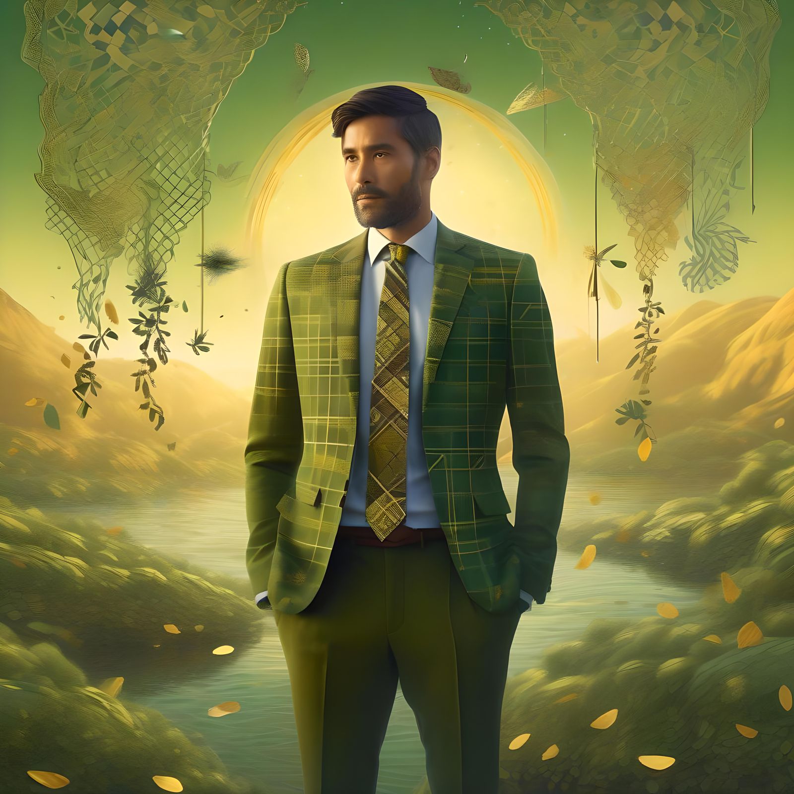 Vibrant Olive Green Plaid Necktie Fantasy Art