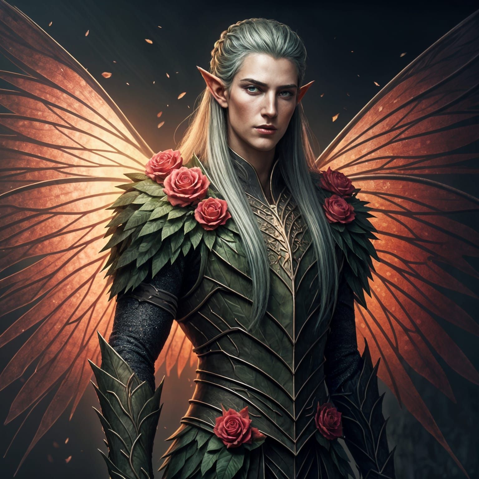 Graceful Elven Man with Rose Adornments and Leaf Armor