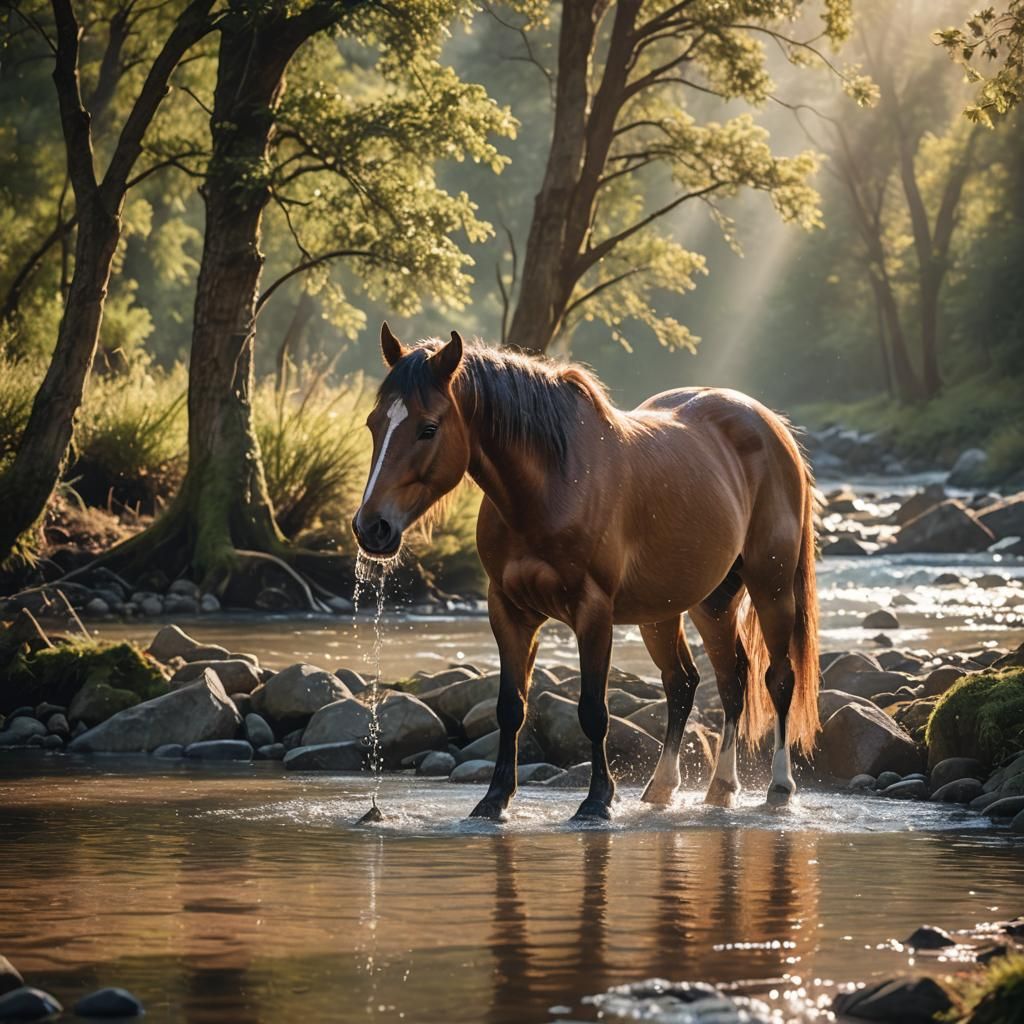 Horse Drinking from a River in a Serene Mountain Landscape
