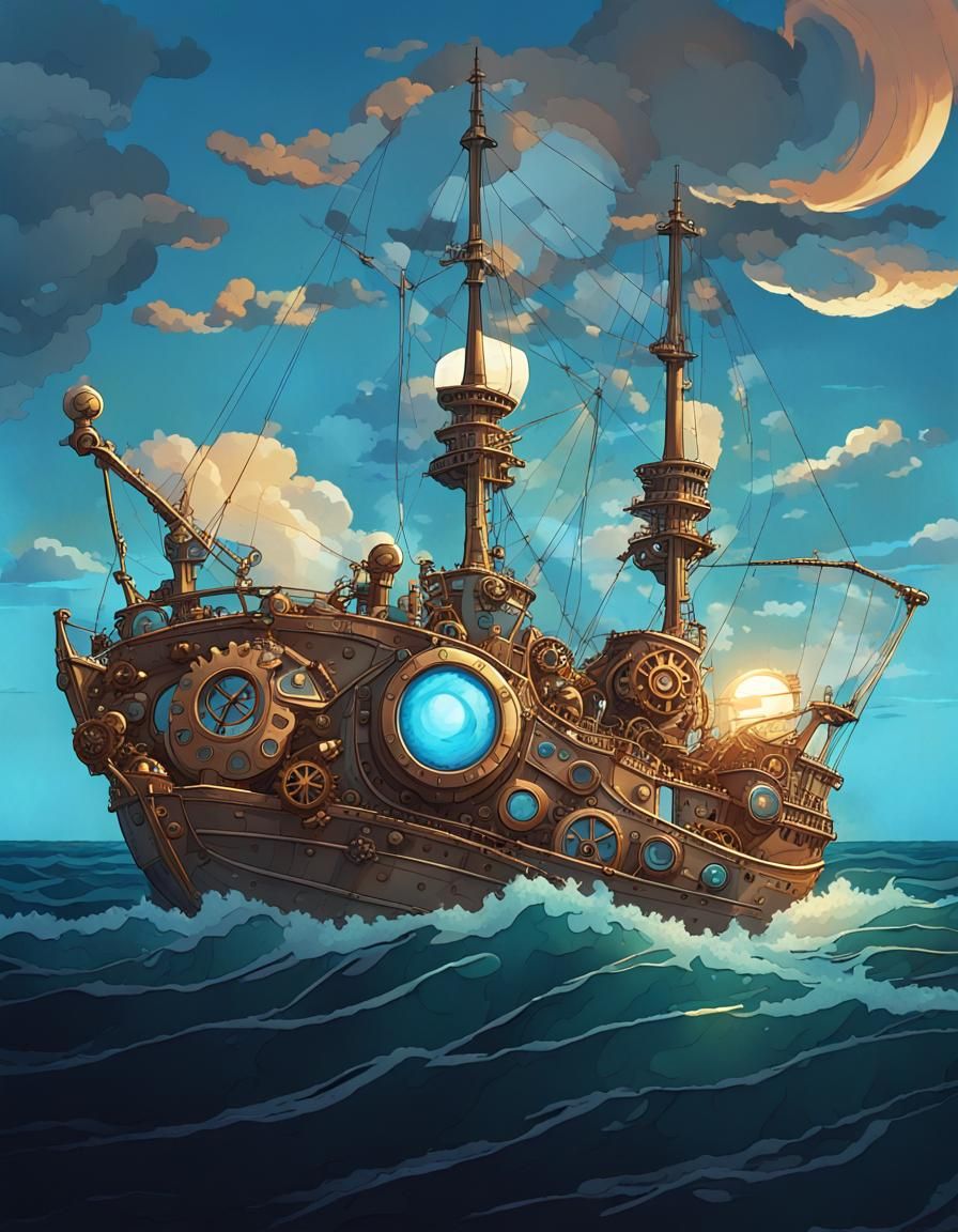 Whimsical Steampunk Oceanic Vessel in the Style of Hearthsto...