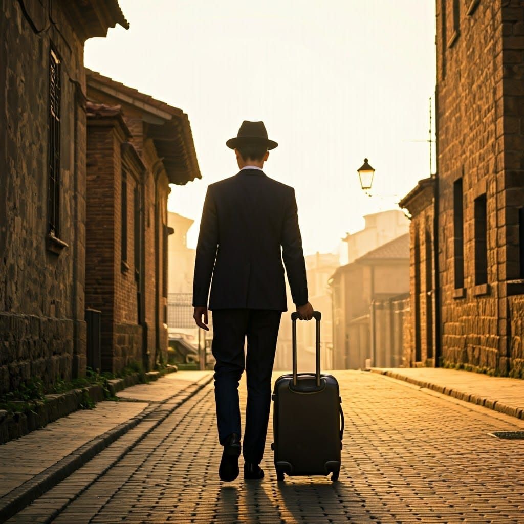 Young Man Walks Morning Street with Suitcase, Captured in Ci...