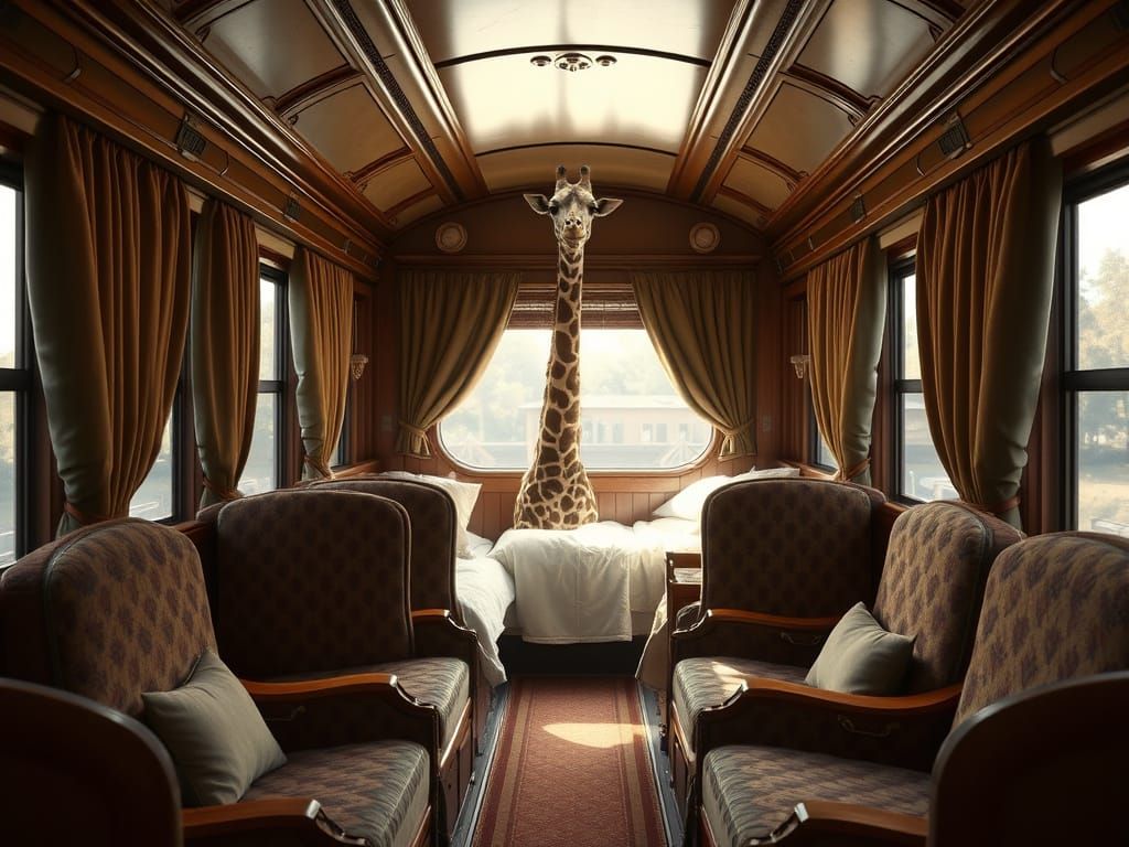 Giraffe Peeks Out in a Pullman Train Car