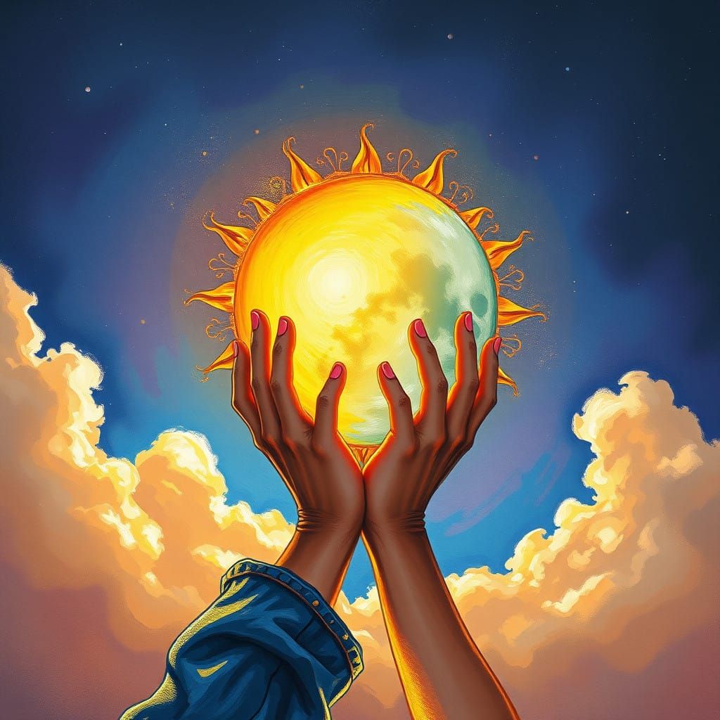 Childlike Sun and Moon Embrace in Vibrant Fantasy Art