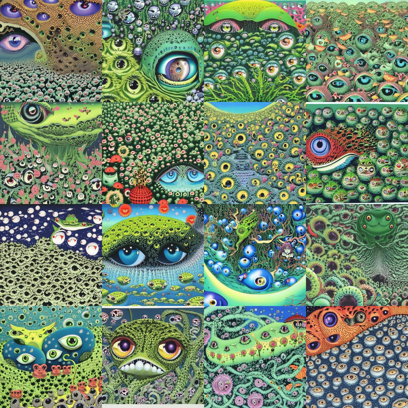 sea of eyeballs erupts from head of frog. eyeballs flowing in surrealistic fashion. surrealistic, gouache, interesting, ...