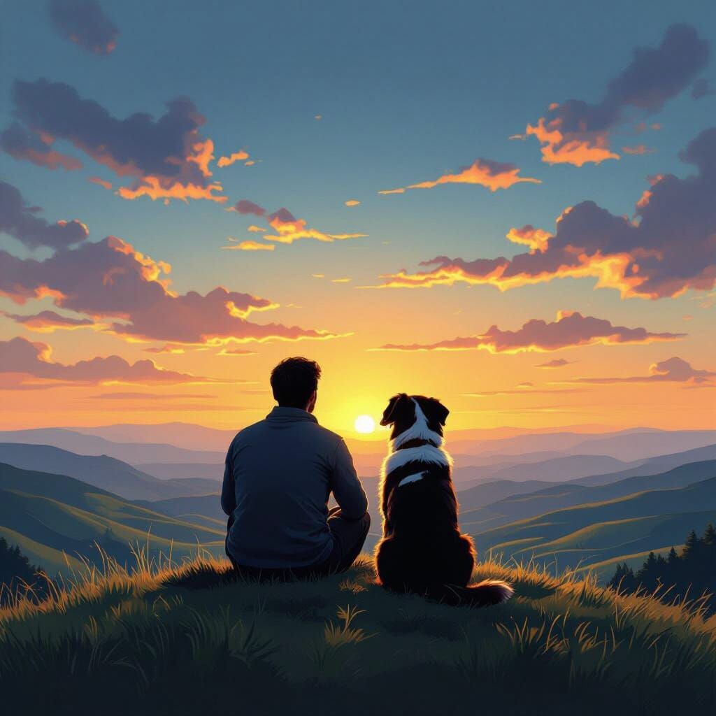 Man and Dog Silhouetted at Sunset on Hilltop