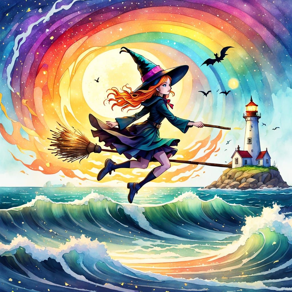 Whimsical Girl Witch Flies to Lighthouse in Watercolor
