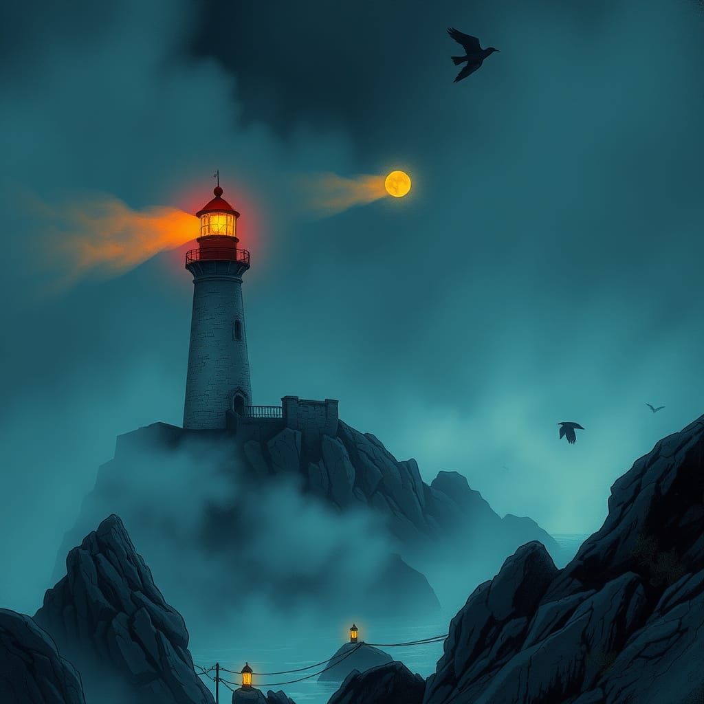 Gothic Lighthouses in Mystical Fog, Dreamlike Rendering