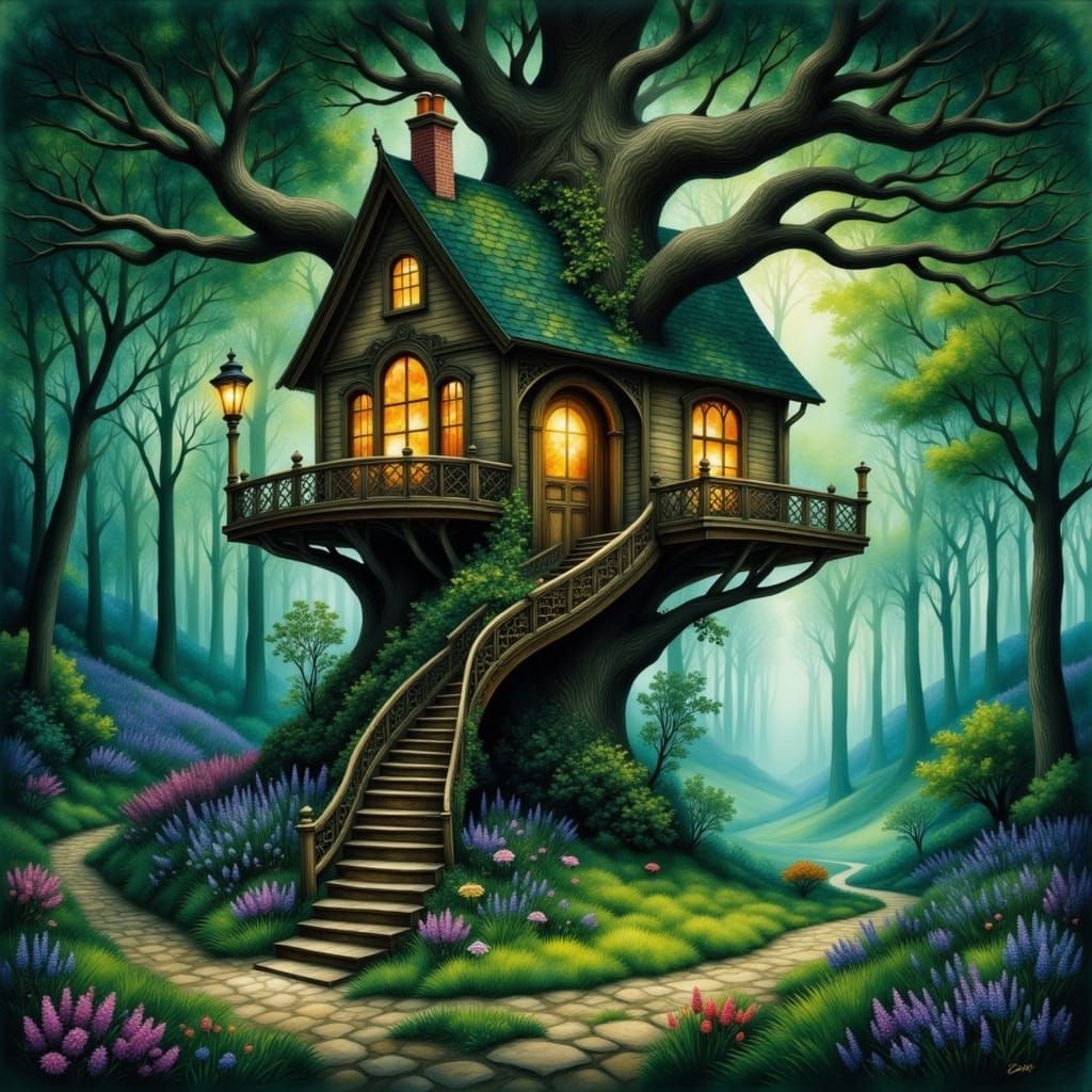 Whimsical Treehouse Cottage in Emerald Forest