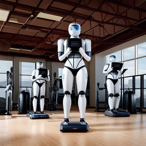 Chatbot Robots Working Out in Space Gym