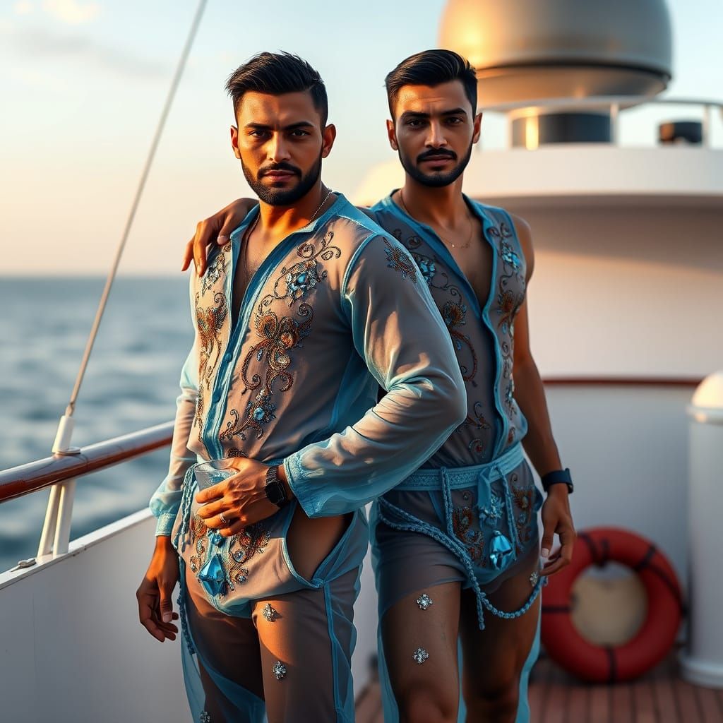 Two Indian Men in Crystalline Jumpsuits on Yacht