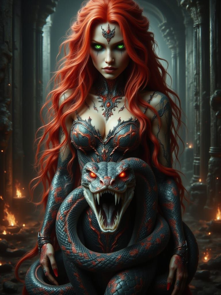 Sorceress with Venomous Cobra in Dark Fantasy Style