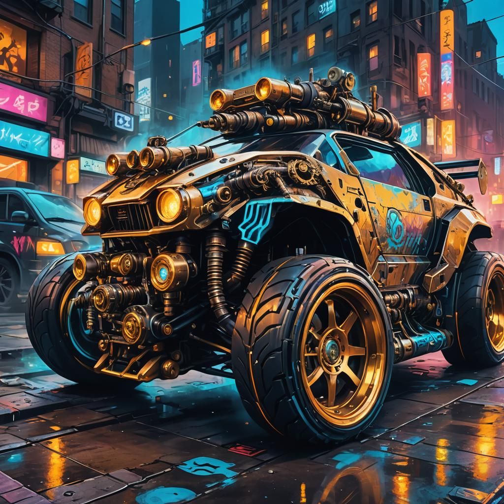 Stylized Steampunk Super Car Concept Art in Vibrant City Str...