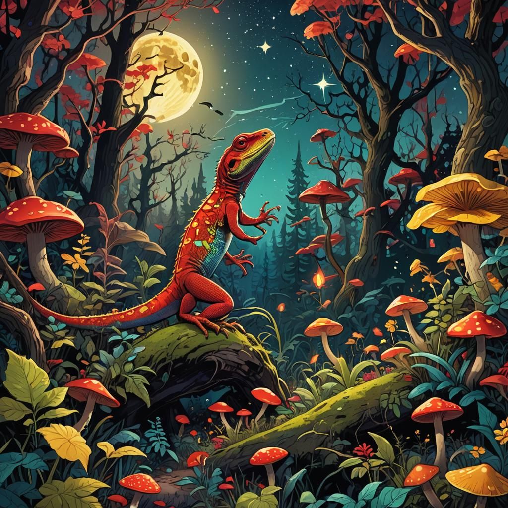 Vibrant Lizard in Neon Moonlit Forest, Synchromism Art Style