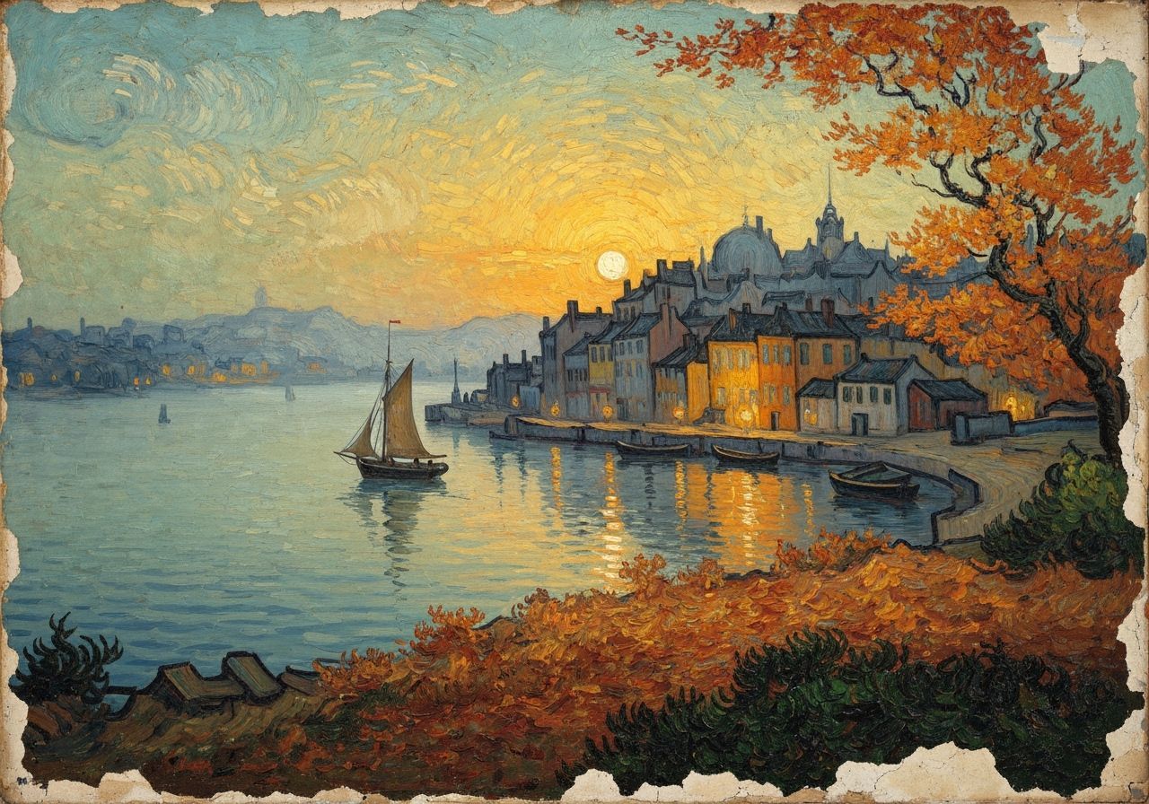 Autumn City Sunset in Impasto Style