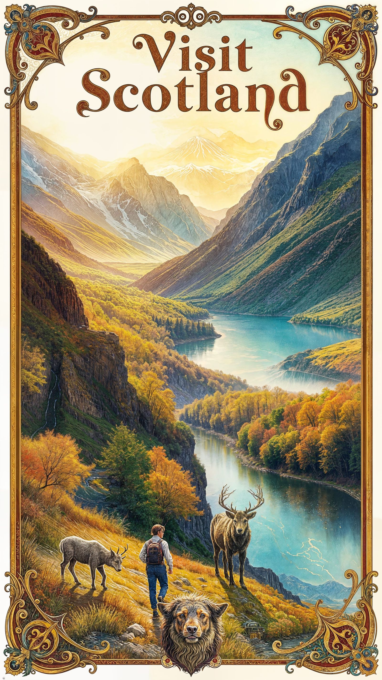 Enchanting Art Nouveau Watercolour of Scottish Highlands