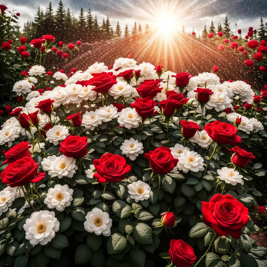 Radiant Red Roses Bask in Sunbeams Amidst Majestic White Blo...