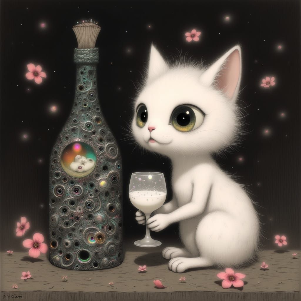Whimsical Feline Amidst Biomechanical Wine Label