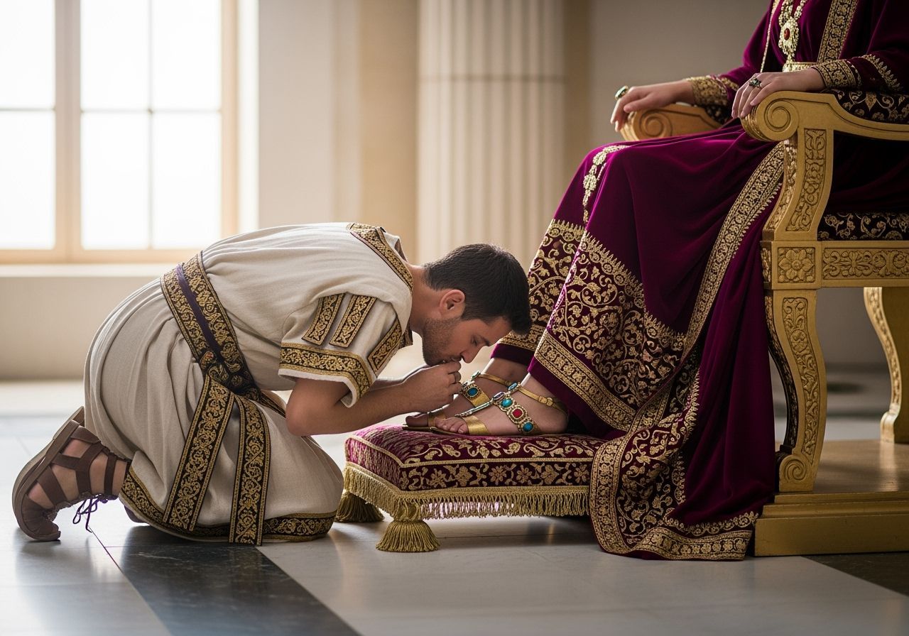 Roman Servant Kisses Empress's Feet in Opulent Setting
