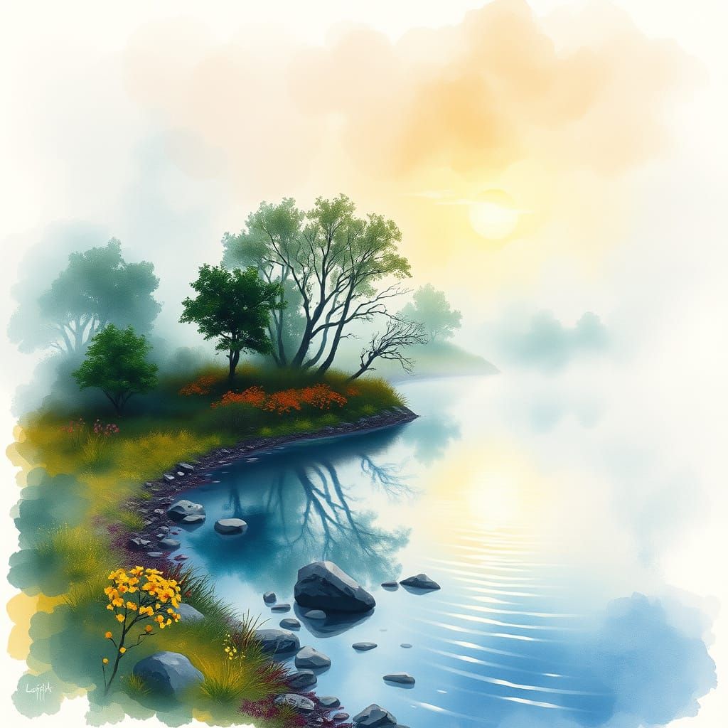 River Landscape in Watercolor at Sunset