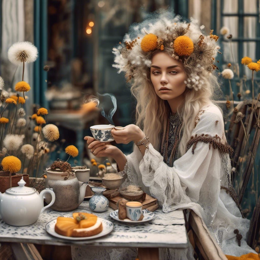 Enchanted Boho Shamans Enjoying Tea on a Charming Terrasse