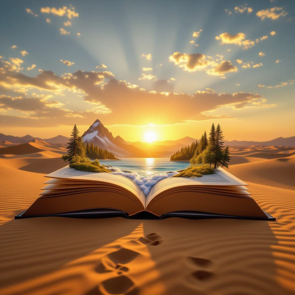 Giant Open Book in Desert at Golden Hour