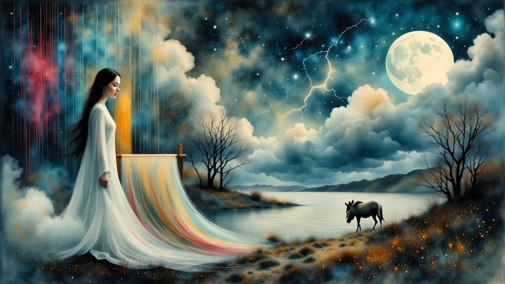 Woman Weaving Weather on Loom, Digital Art