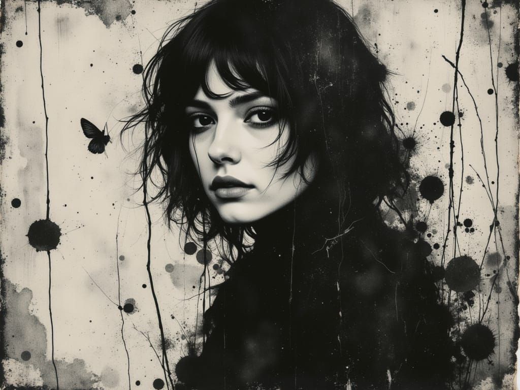 Gothic Ethereal Woman Portrait in Watercolor and Ink