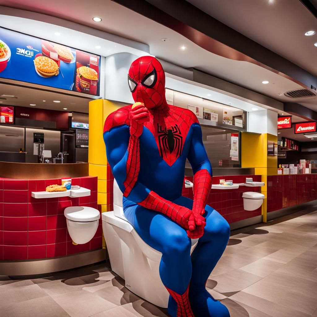 Fat Spiderman Dines at a Quirky McDonald's Toilet