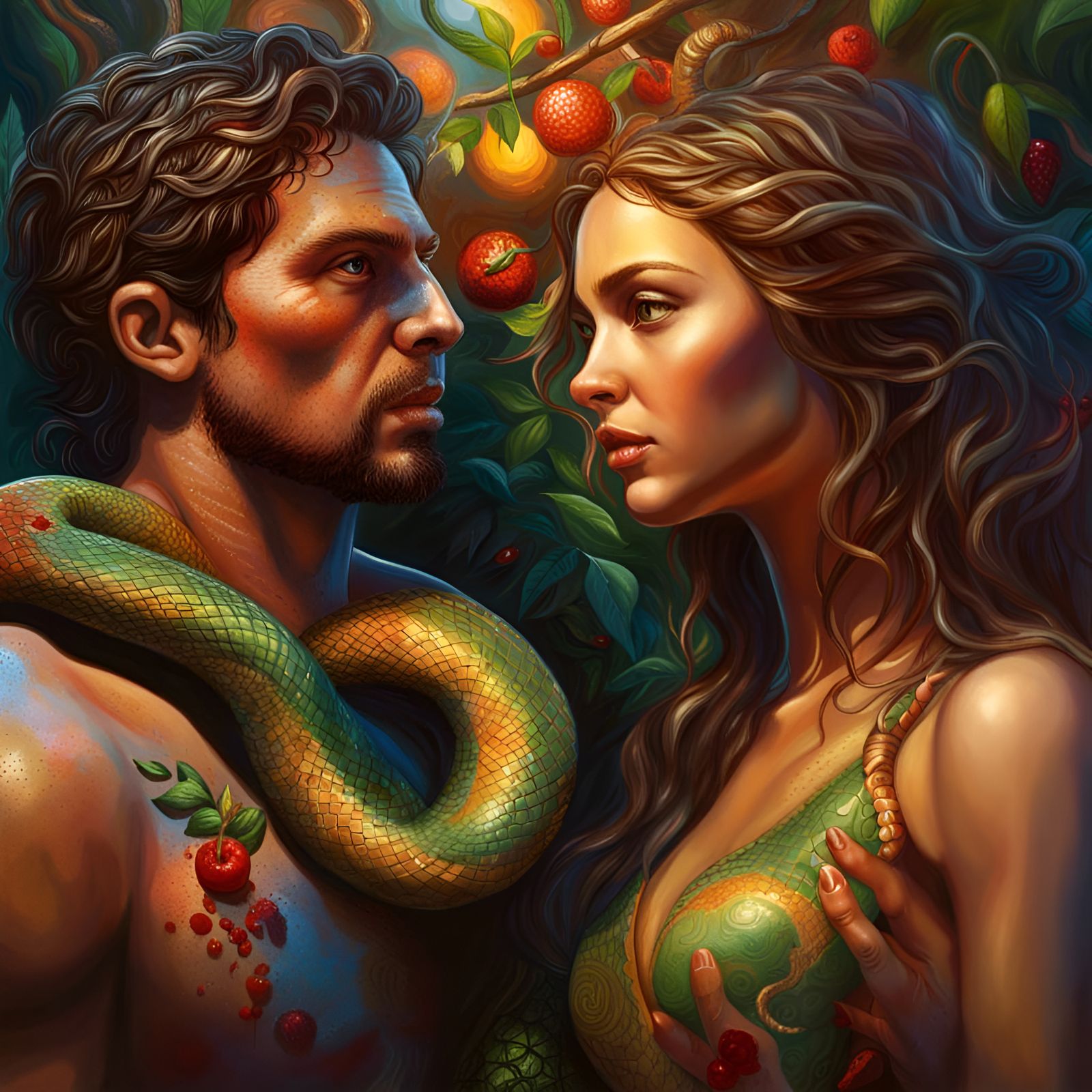 Hyperrealistic Splash Art Depicting Adam & Eve & the Serpent...