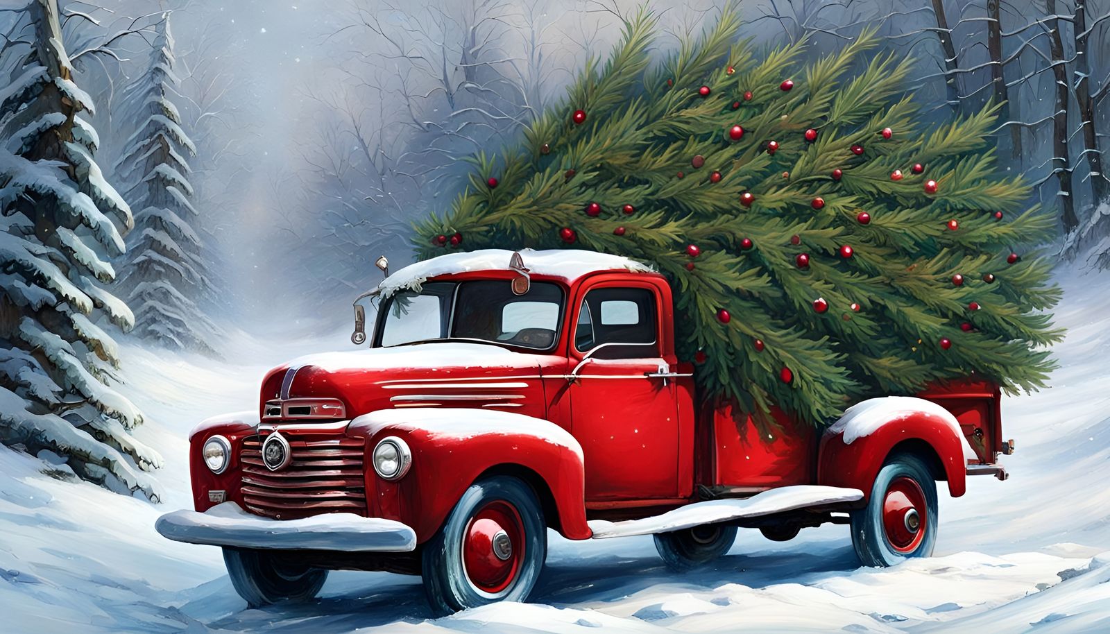 Winter Wonderland with Rustic Cabin and Christmas Tree