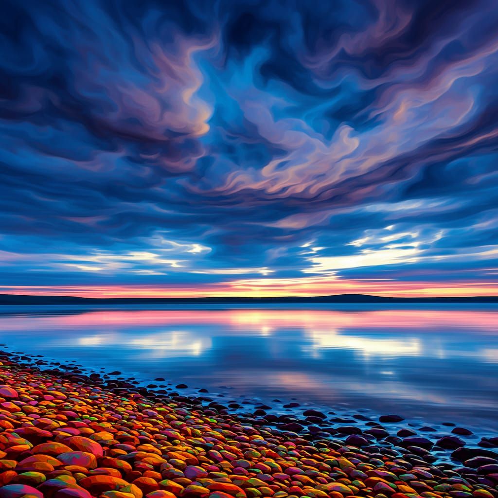 Vibrant Rocky Beach with Dramatic Cloudy Sky Reflection