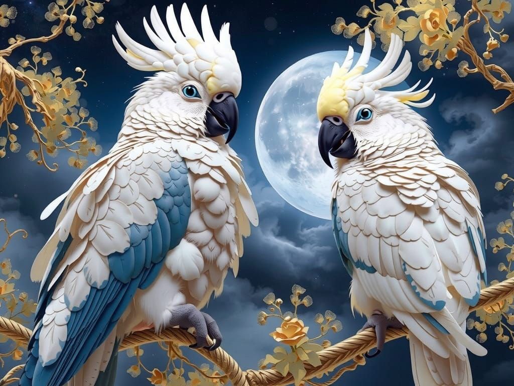 Majestic Cockatoos under Golden Harvest Moonlight