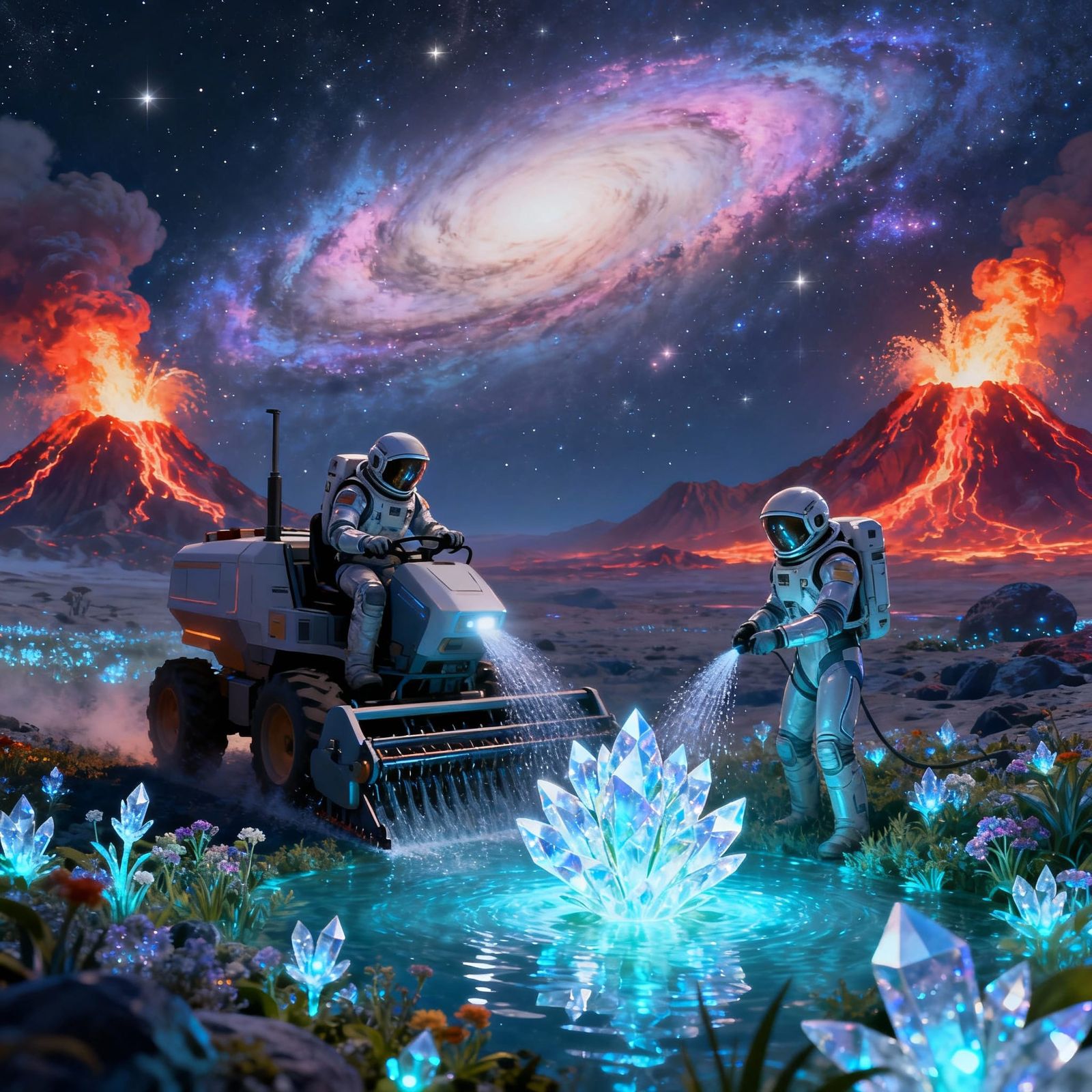 Astronauts Tend Alien Bioluminescent Garden with Volcanoes