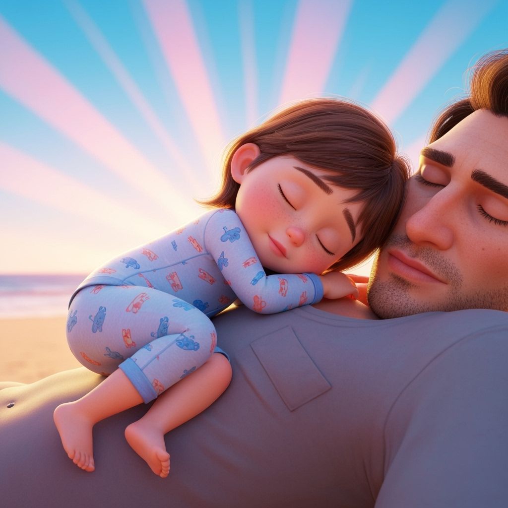 Child Asleep on Father, Pixar-Style 3D Art