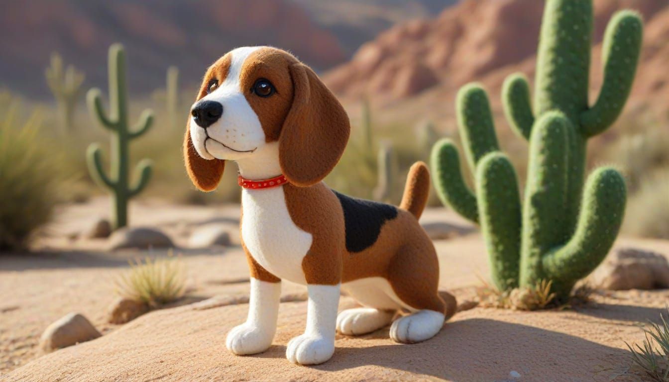 Felt Beagle Sculpture in Desert, Naive Art Style