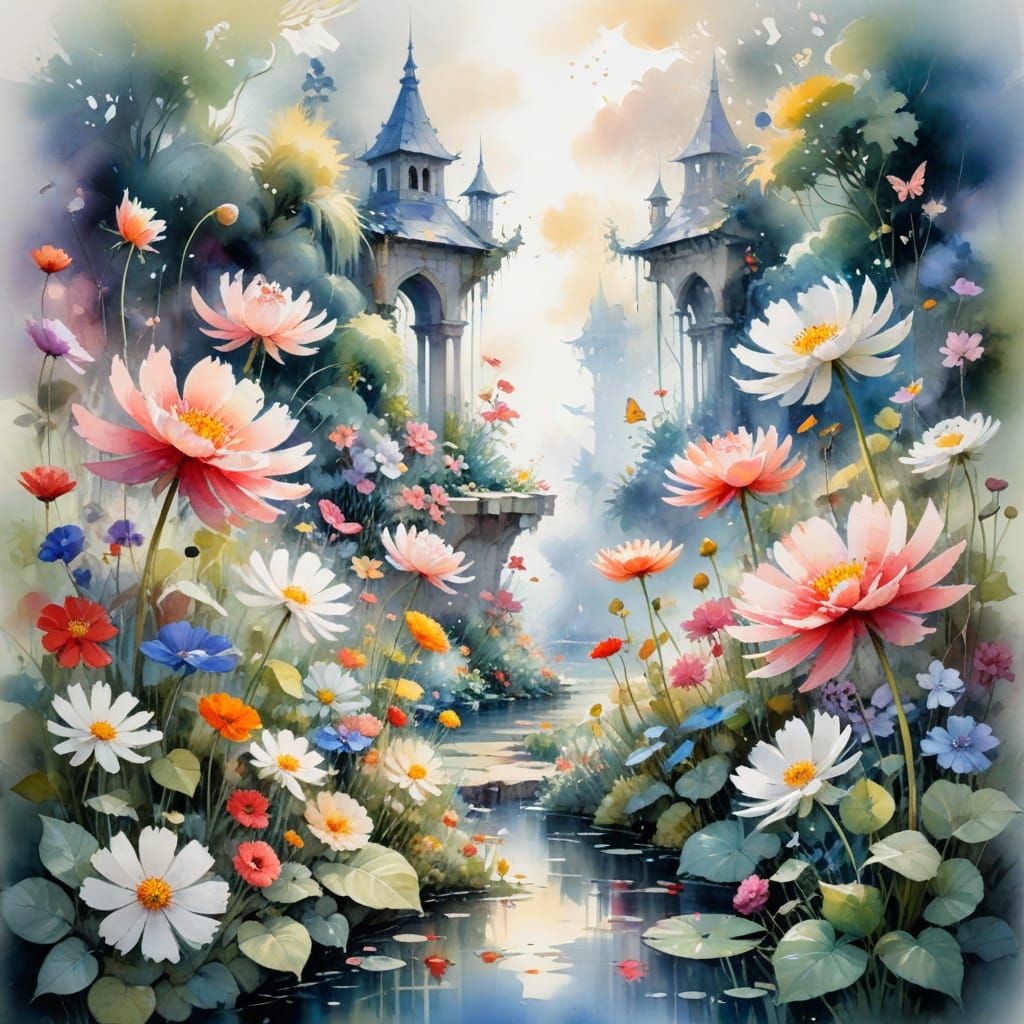 Vibrant Floral Fantasy with Whimsical Fairies in Watercolour