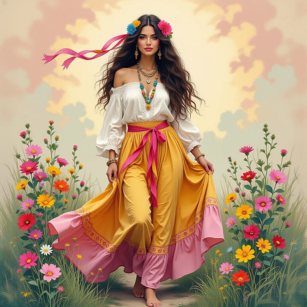 Hippie Woman Portrait in Pink, Yellow, Turquoise