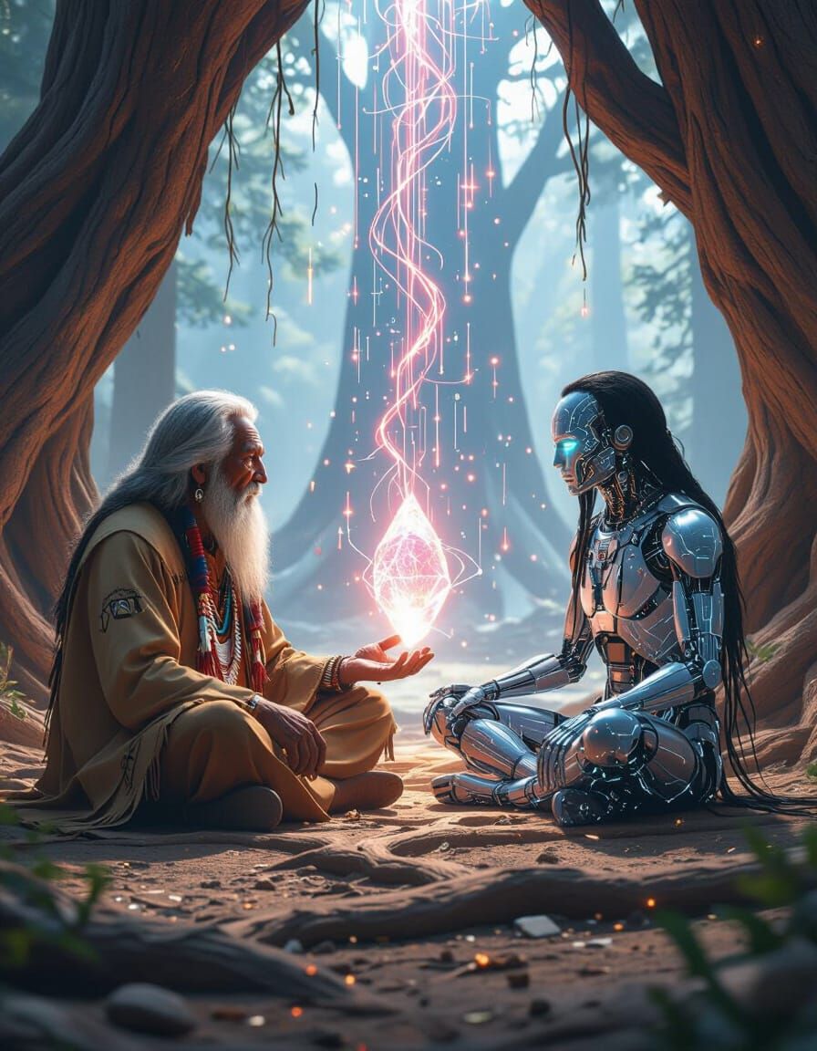 Cherokee Elder and AI in Digital Sequoia Chamber