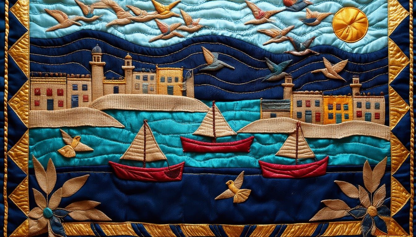 Vibrant Palestinian Quilt Landscape with Fisherman Boats and...