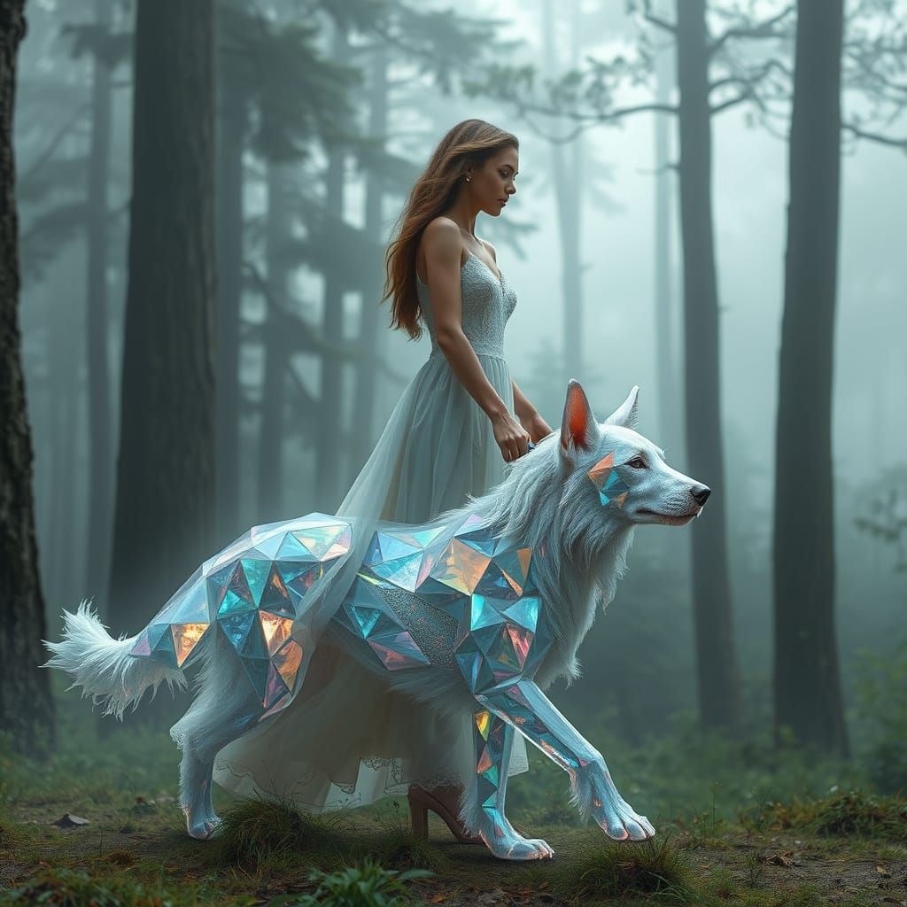 Woman Walks Crystal Dog in Enchanted Forest