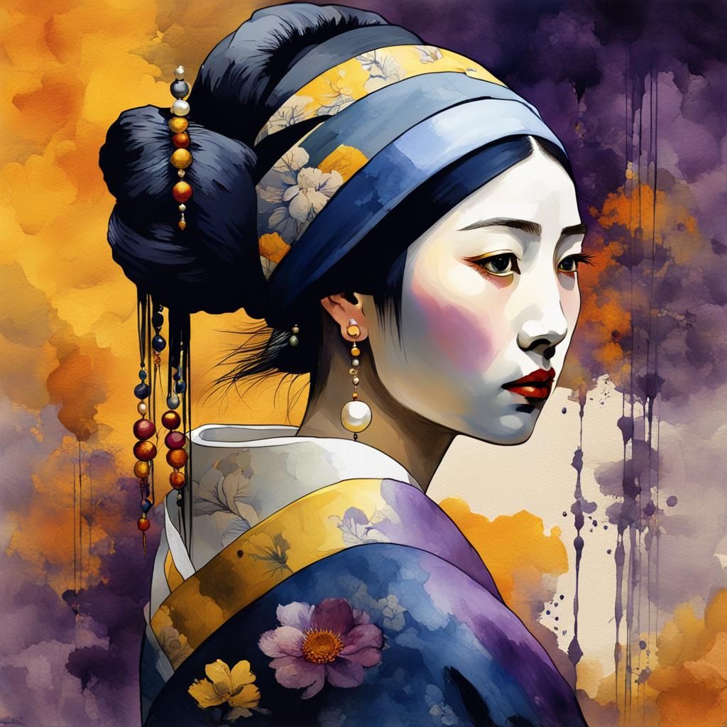 Surreal Geisha Girl in Vibrant, High-Contrasting Watercolour...