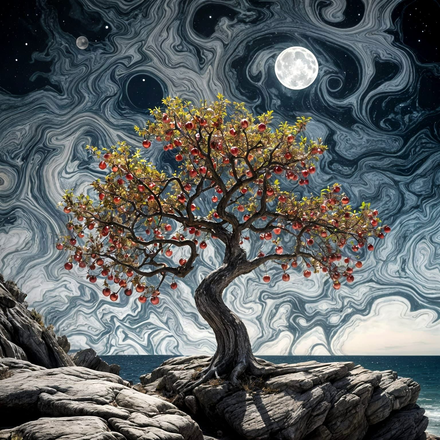 Autumnal Equinox Moonlit Apple Tree Coastal Landscape in Mar...