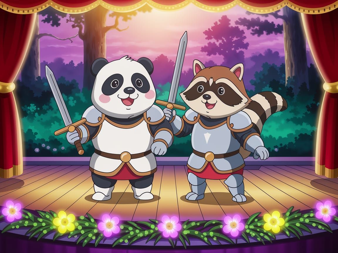 Cute Anime Animal Knights Perform Joyful Play on Vibrant Sta...