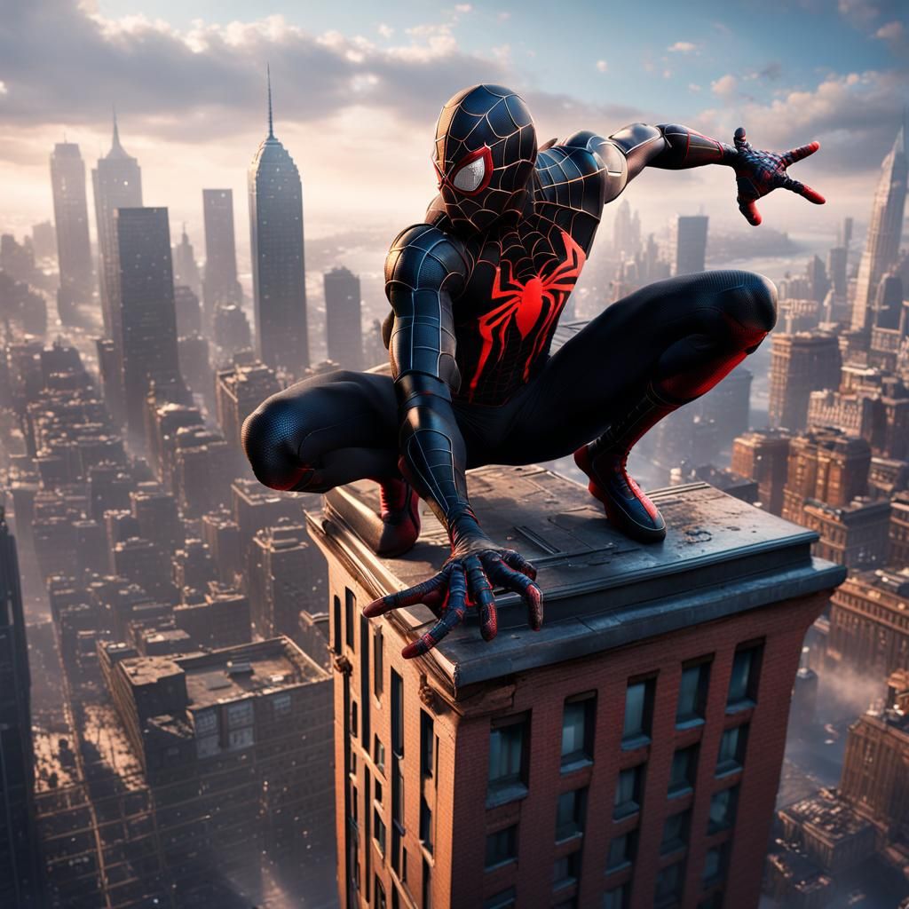 Toned Black Spider Man Dominates Futuristic Cityscape