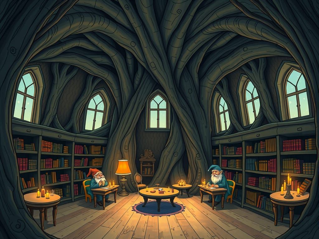 Gnomes Amidst Whimsical Tree Library