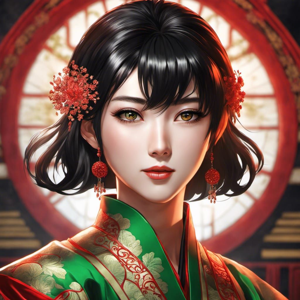Anime-Inspired Japanese Goddess in Red Filigree