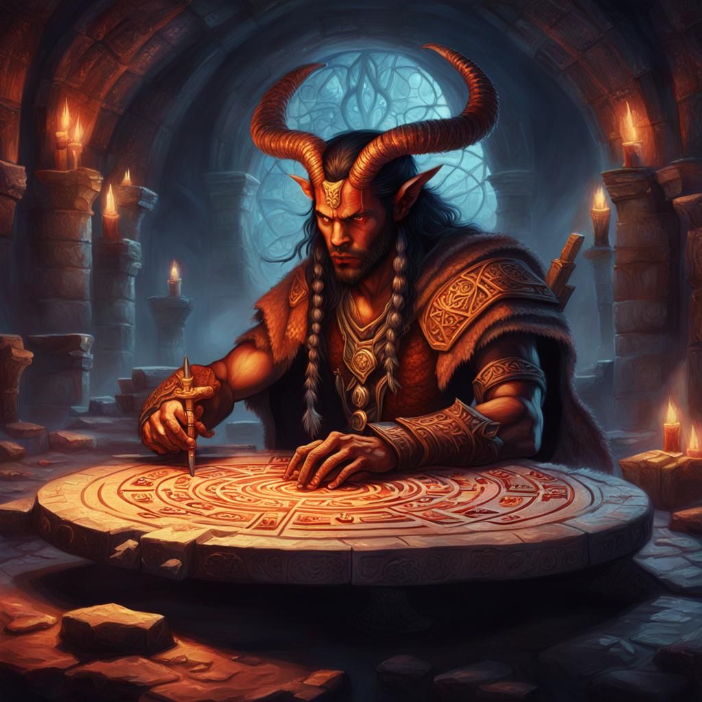 Fantasy Tiefling Barbarian Studies Ancient Runes in Dreamlik...